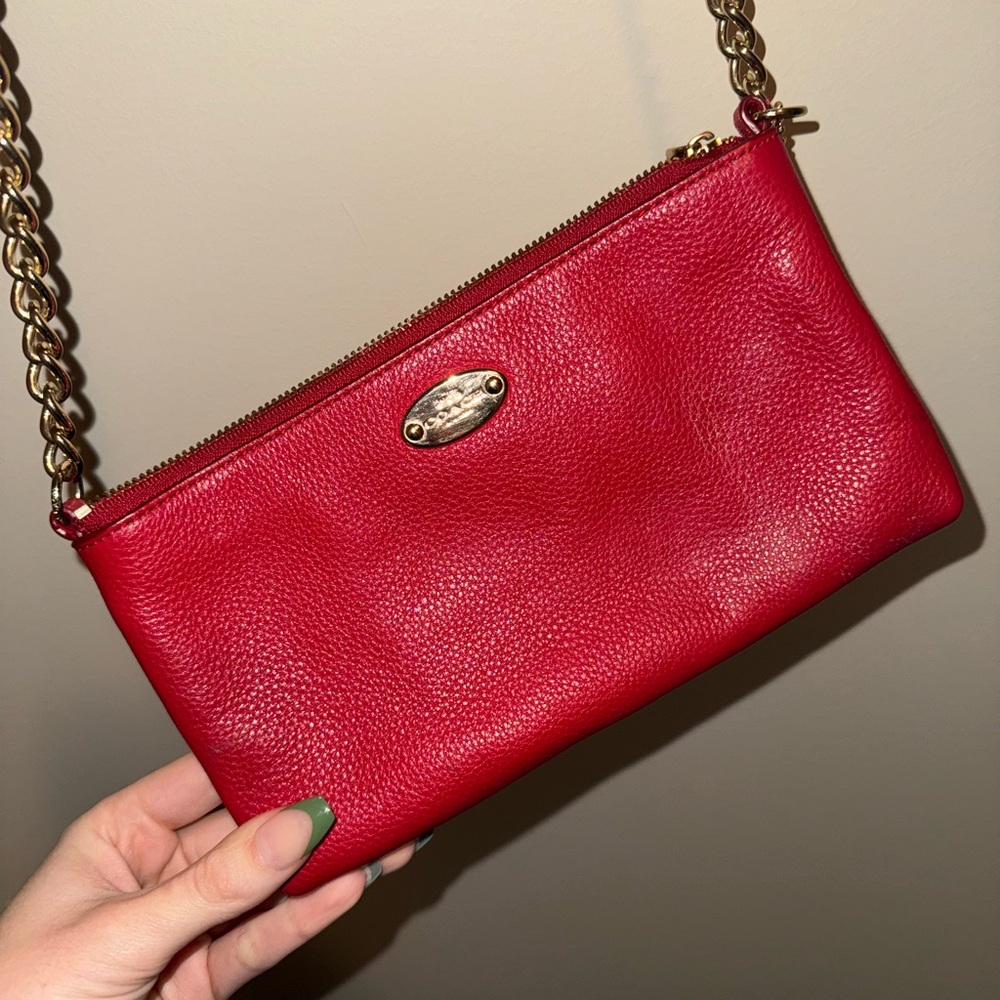 Coach Red Pebbled Leather Crossbody Bag with Gold Chain